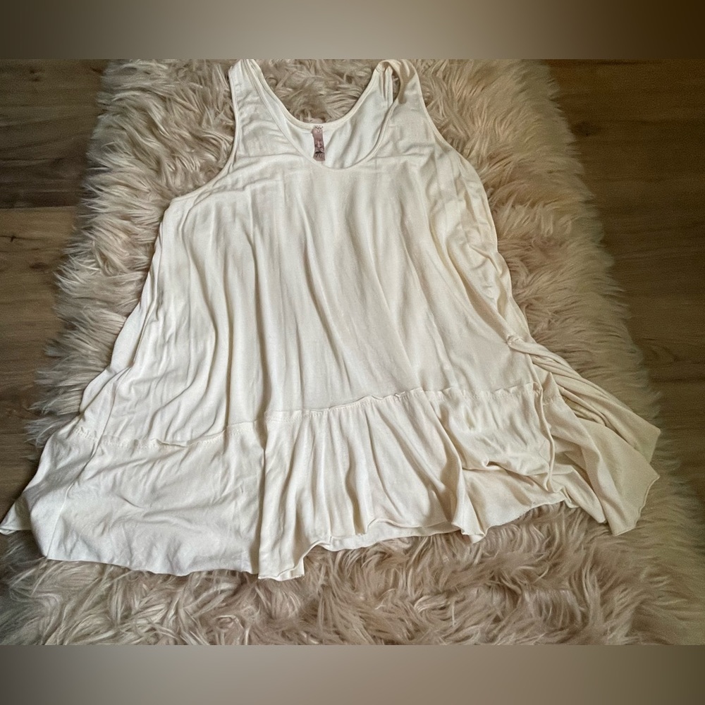 Cream Color Ruffle Hem Scoop Neckline Tan Top